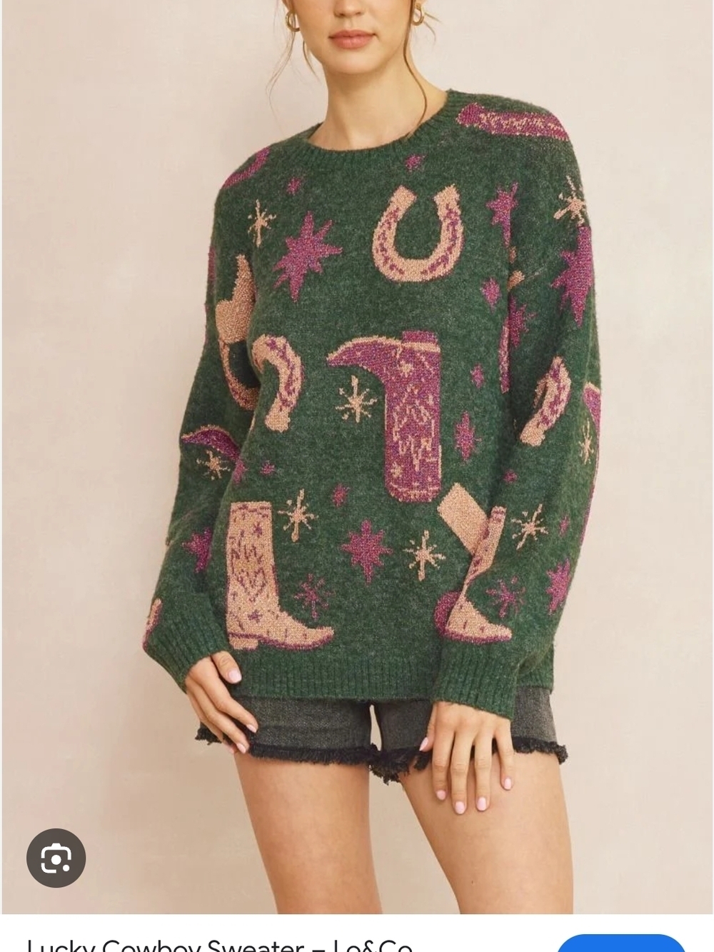 Entro Green Sweater with Pink and Cream Cowboy Motifs
